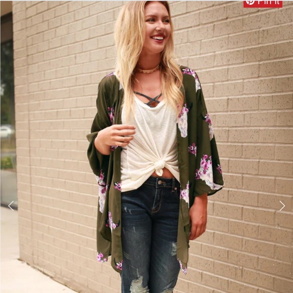 Peach Love green Texas longhorn floral print kimono size small - Picture 2 of 11